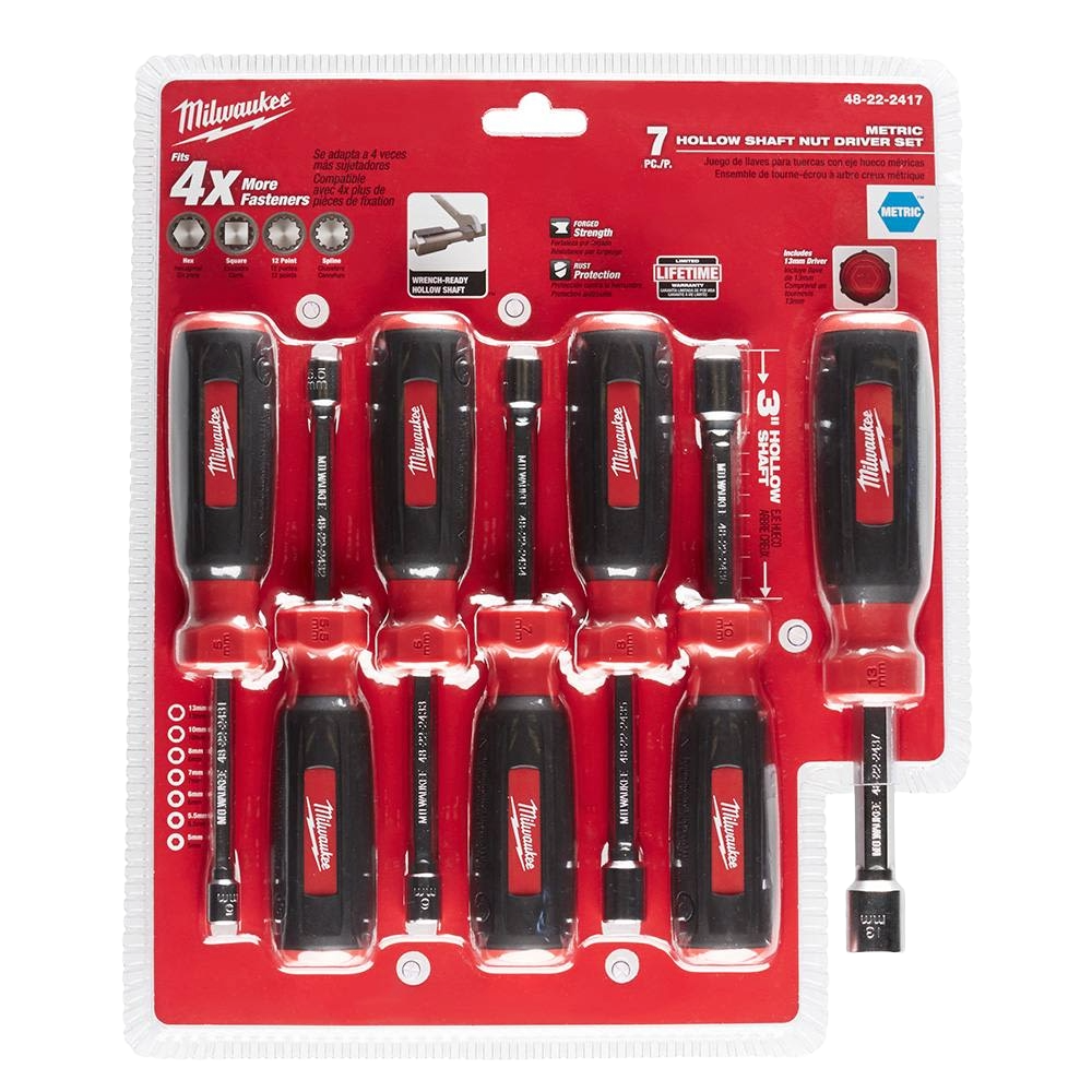 Set of seven metric hollow shaft nut drivers with black and red handles in branded red packaging for tool accessories.