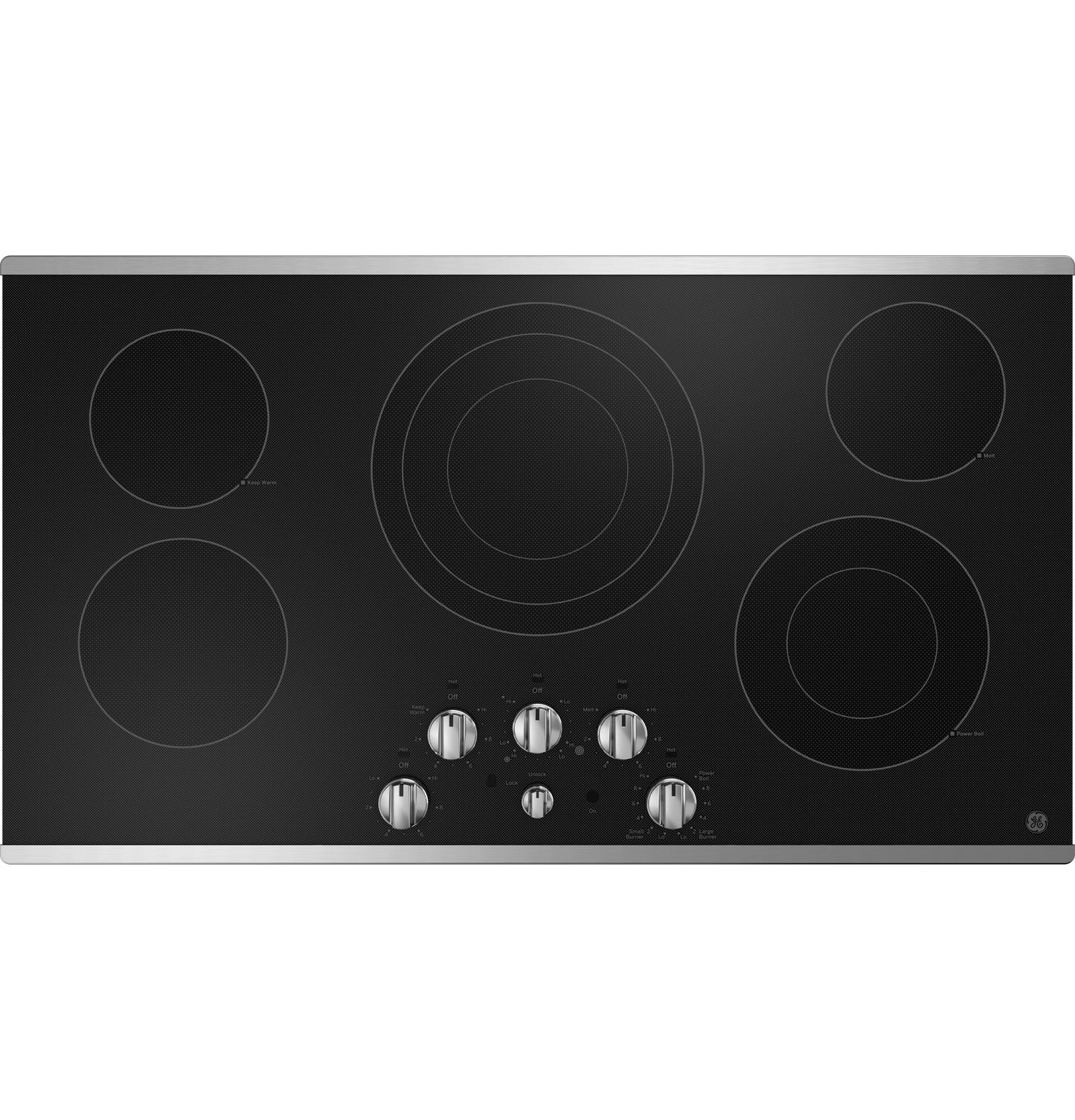 Black built-in electric cooktop with five burners and stainless steel knob controls in kitchen appliances collection