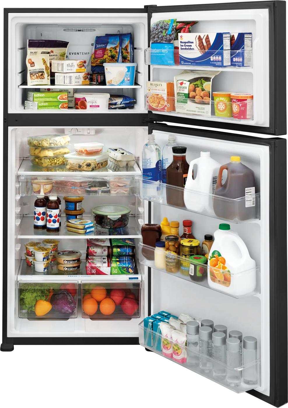 Open garage ready top freezer refrigerator with organized interior shelves stocked with food and beverages for kitchen appliances collections