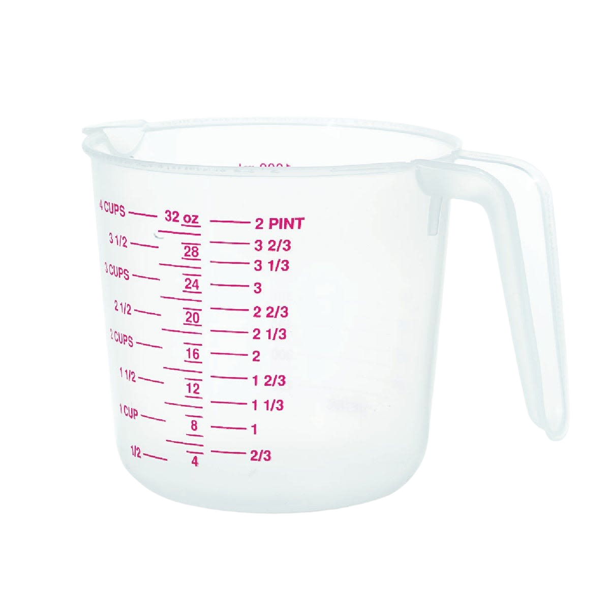 Clear plastic measuring cup with red measurement markings and handle for kitchenware and cooking use