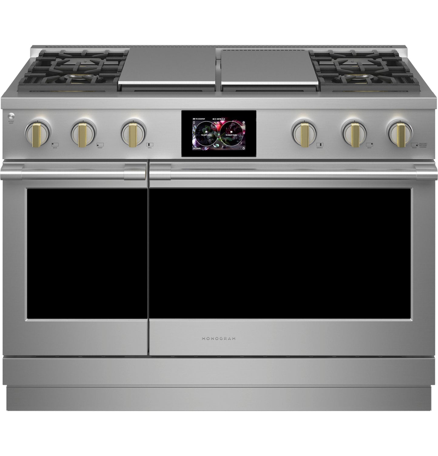 Front view of stainless steel dual-fuel professional range with four burners, grill, griddle, and digital display from kitchen appliances collection