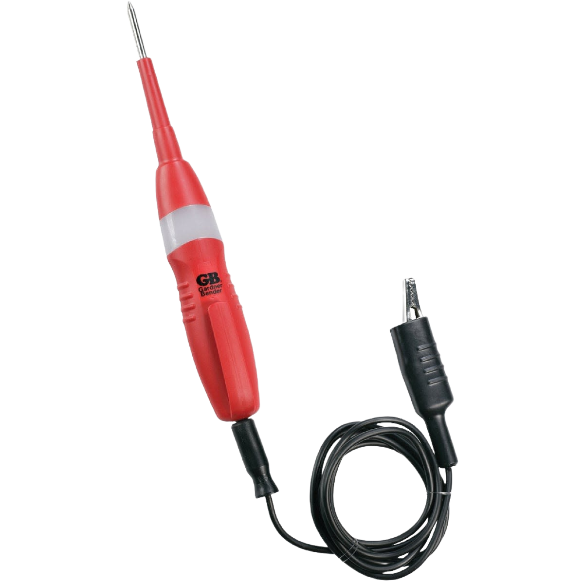 Red automotive voltage tester with insulated handle and black coiled wire for electrical diagnostics and tools use