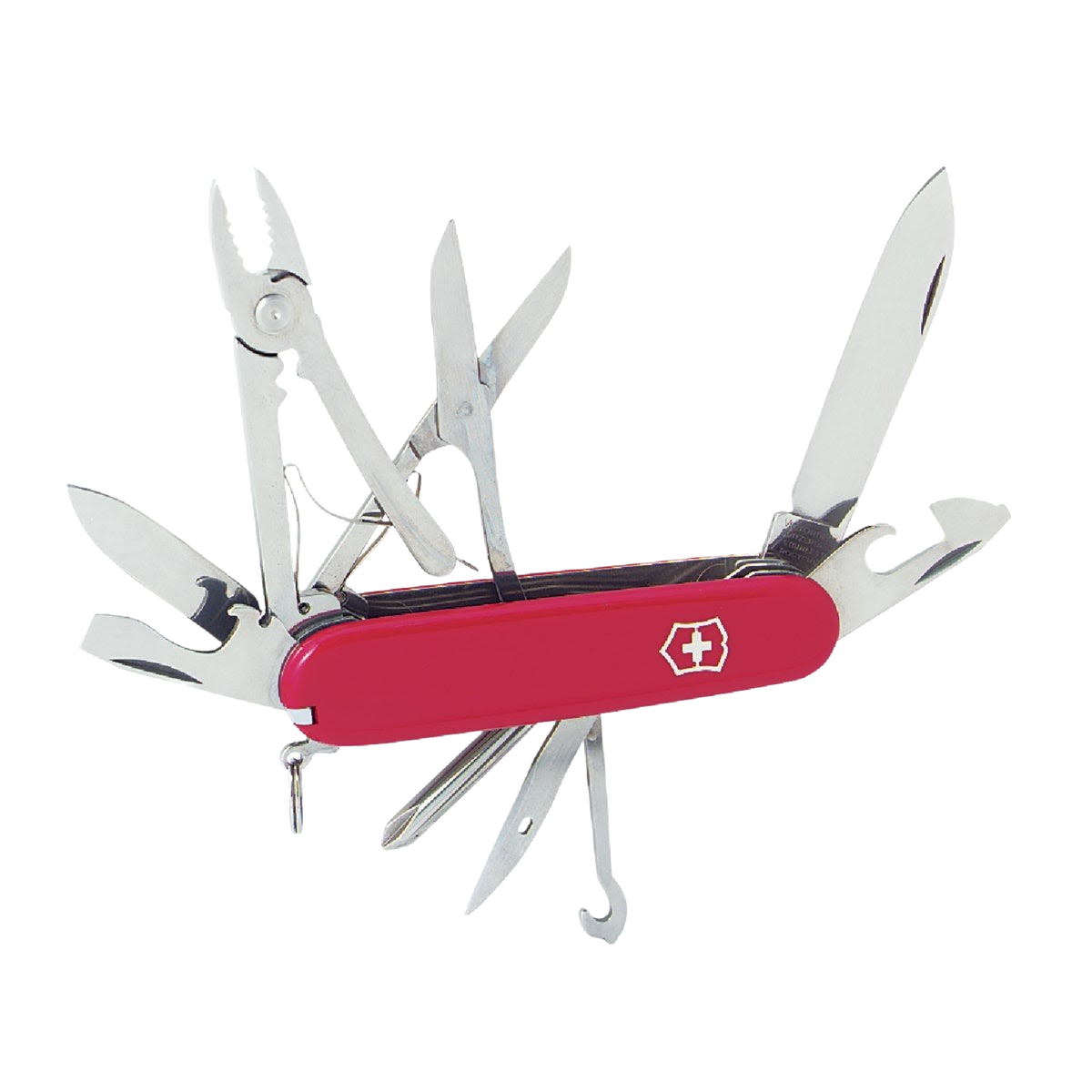 Multi-tool pocket knife with red handle and various fold-out stainless steel tools for home improvement tasks