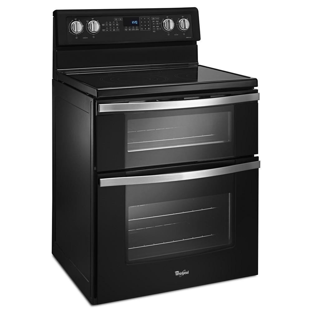 Black electric double oven range with stainless steel handles and digital control panel from ranges collection