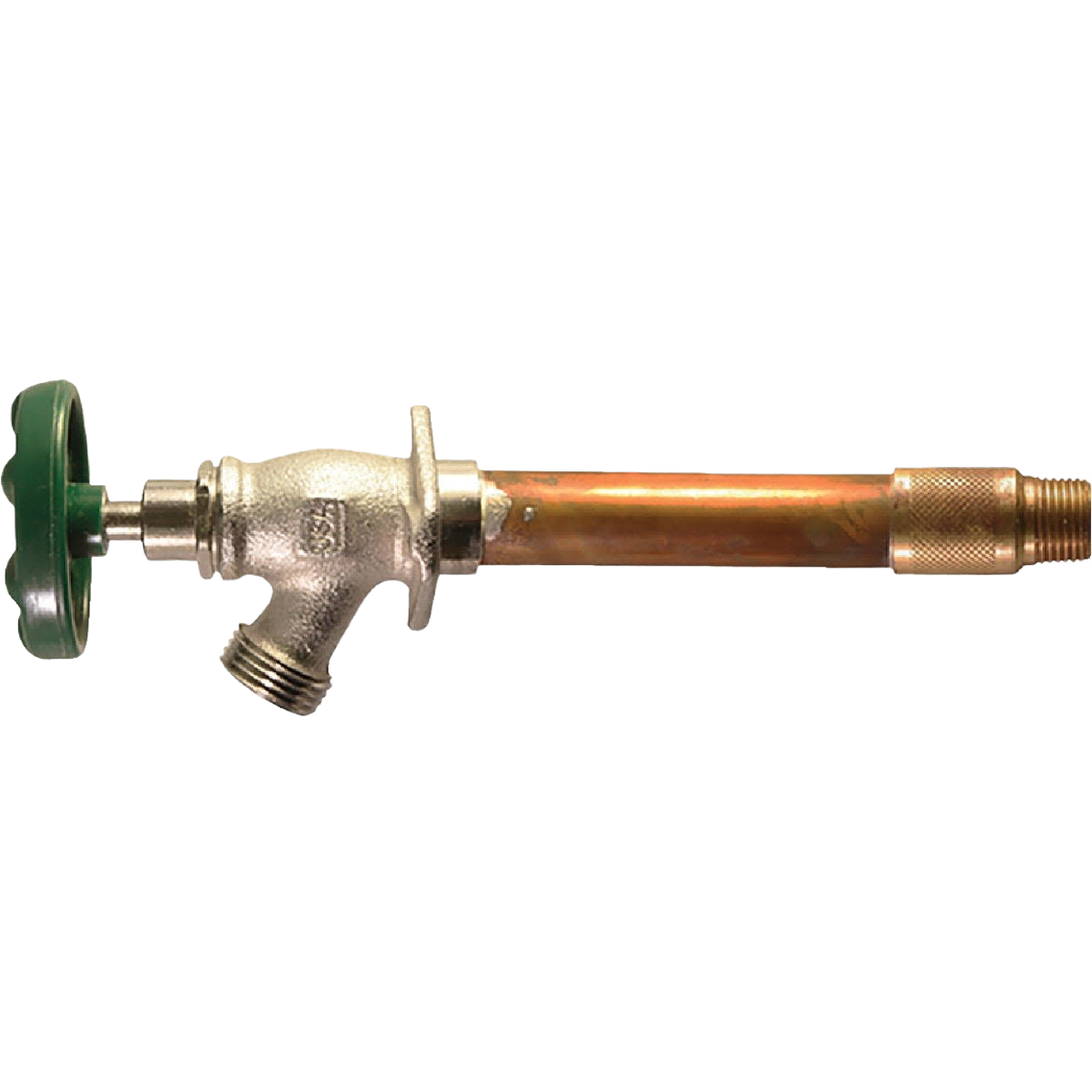 Copper and brass frost-free outdoor wall hydrant with green round valve handle for home plumbing projects