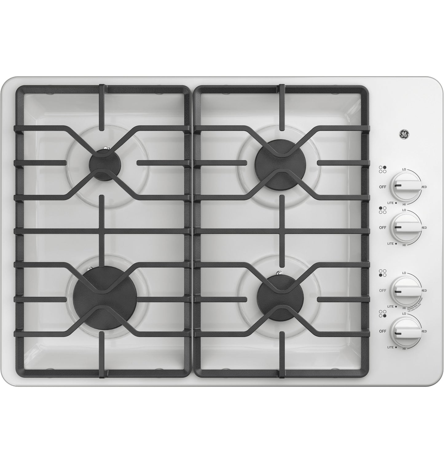 White built-in gas cooktop with four burners, dishwasher-safe grates, and control knobs on the right in Cooktops collection