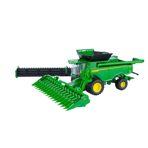 Green and yellow die-cast scale model of a John Deere combine harvester for vehicles and toys collection