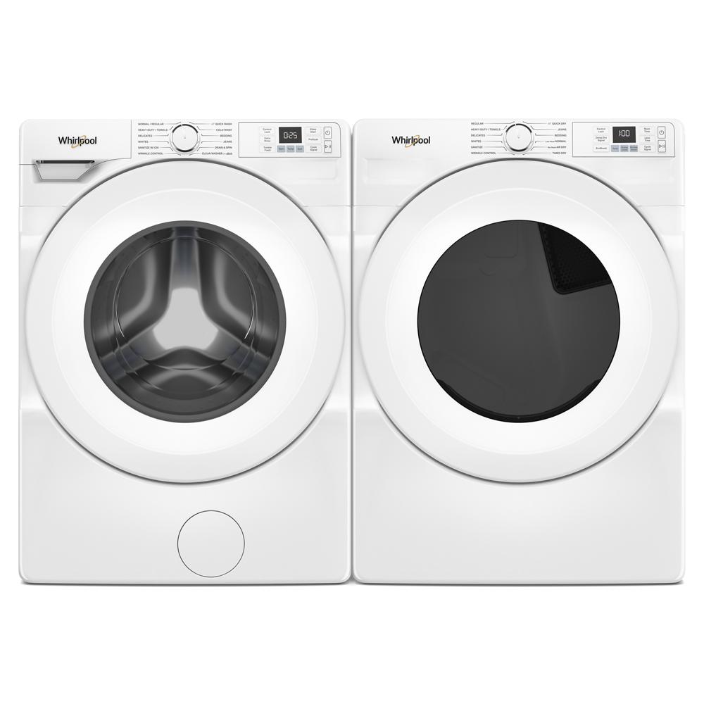 White front load washer and gas dryer pair with digital displays from washers and dryers collection in home appliances