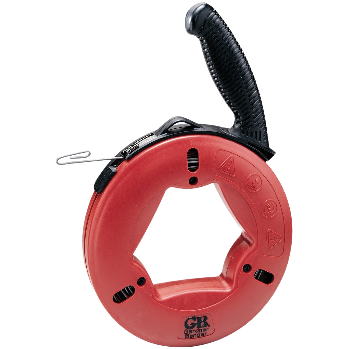 Red circular fish tape with black ergonomic handle for electrical tools and home improvement use