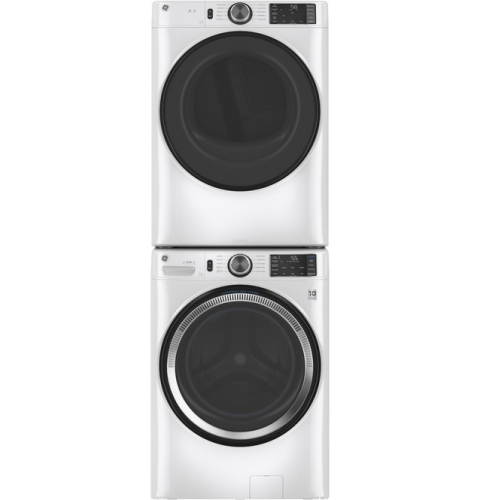 Stacked white front-load washer and smart electric dryer with digital controls in washers and dryers collection