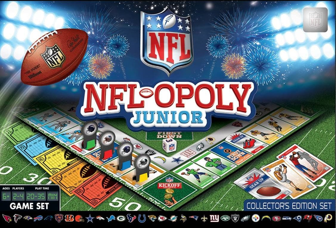 NFL-themed junior board game display with colorful property cards, player tokens, and football field game board design