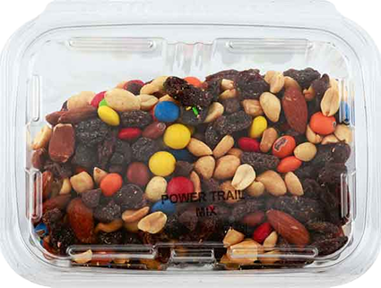 Clear plastic container filled with trail mix including candy-coated chocolates, raisins, almonds, and peanuts in snacks collection