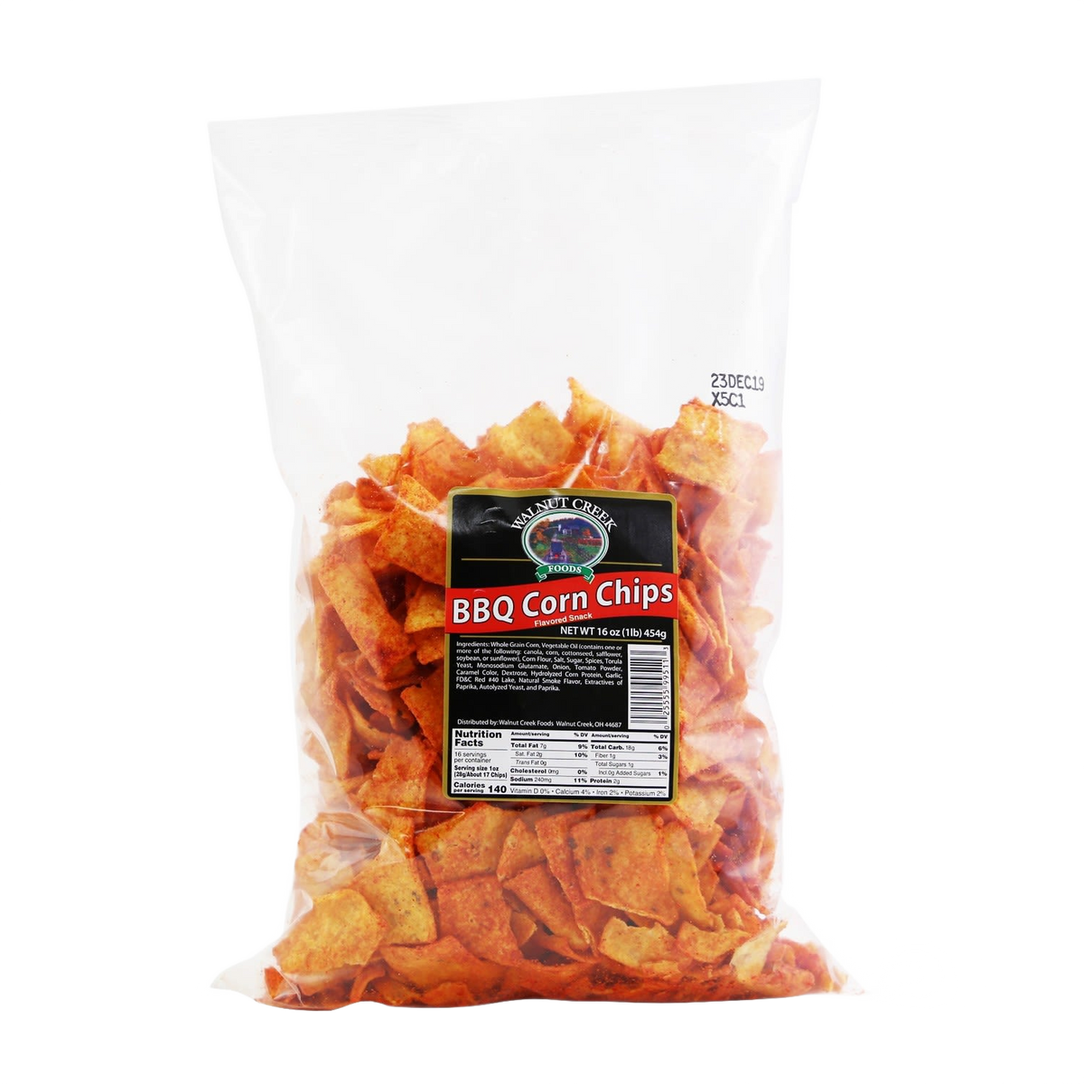 Clear bag of BBQ corn chips with label showing nutrition facts from Chips & Snacks and Food & Beverage collections