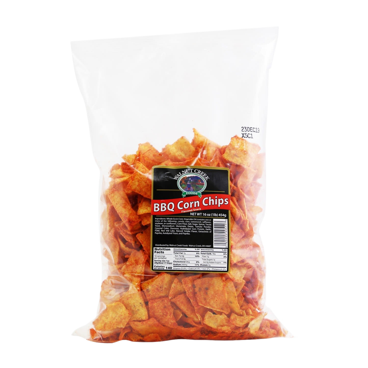 Clear bag of BBQ corn chips with label showing nutrition facts from Chips & Snacks and Food & Beverage collections