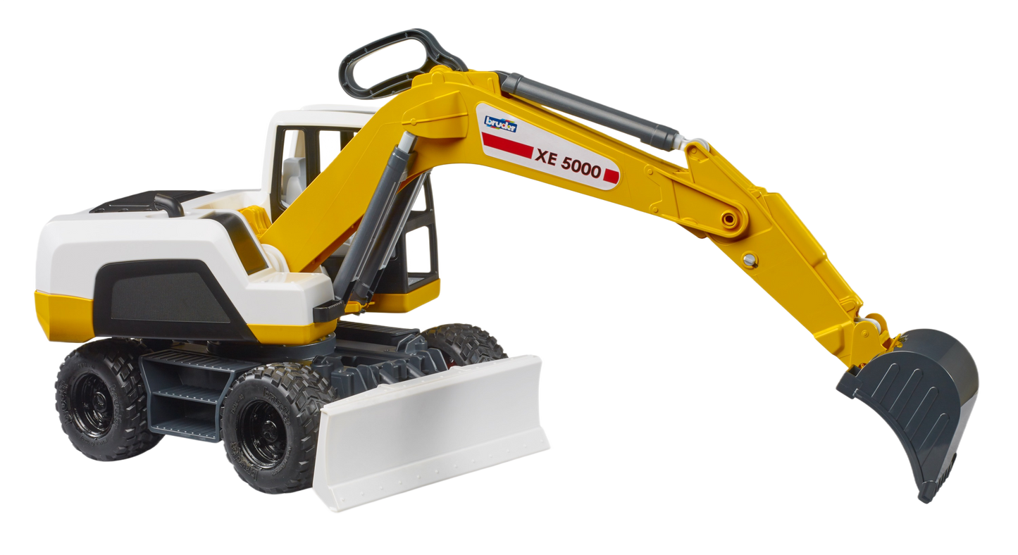 Yellow and white Bruder XE 5000 Excavator toy with articulated arm and detailed digging bucket for play and display.