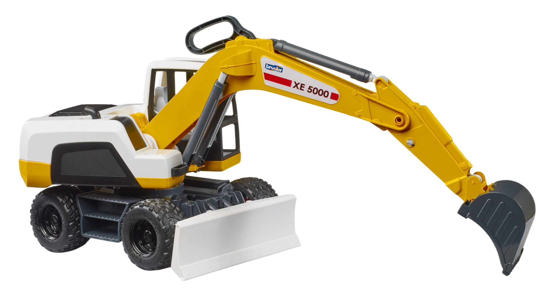 Yellow and white Bruder XE 5000 Excavator toy with articulated arm and detailed digging bucket for play and display.