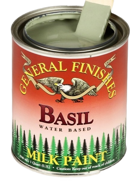 Open one-quart can of green basil water-based milk paint for specialty paint and home improvement collections