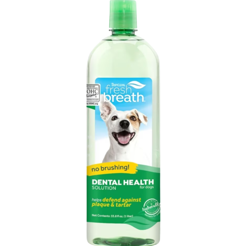 Clear green bottle of pet dental health water additive designed to reduce plaque and tartar in dogs