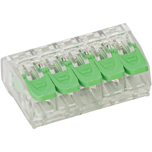 Transparent push-in wire connector with five green levers for secure electrical connections in home improvement collections