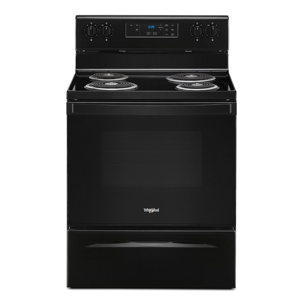 black electric range with four coil burners and digital controls for kitchen appliances and home improvement