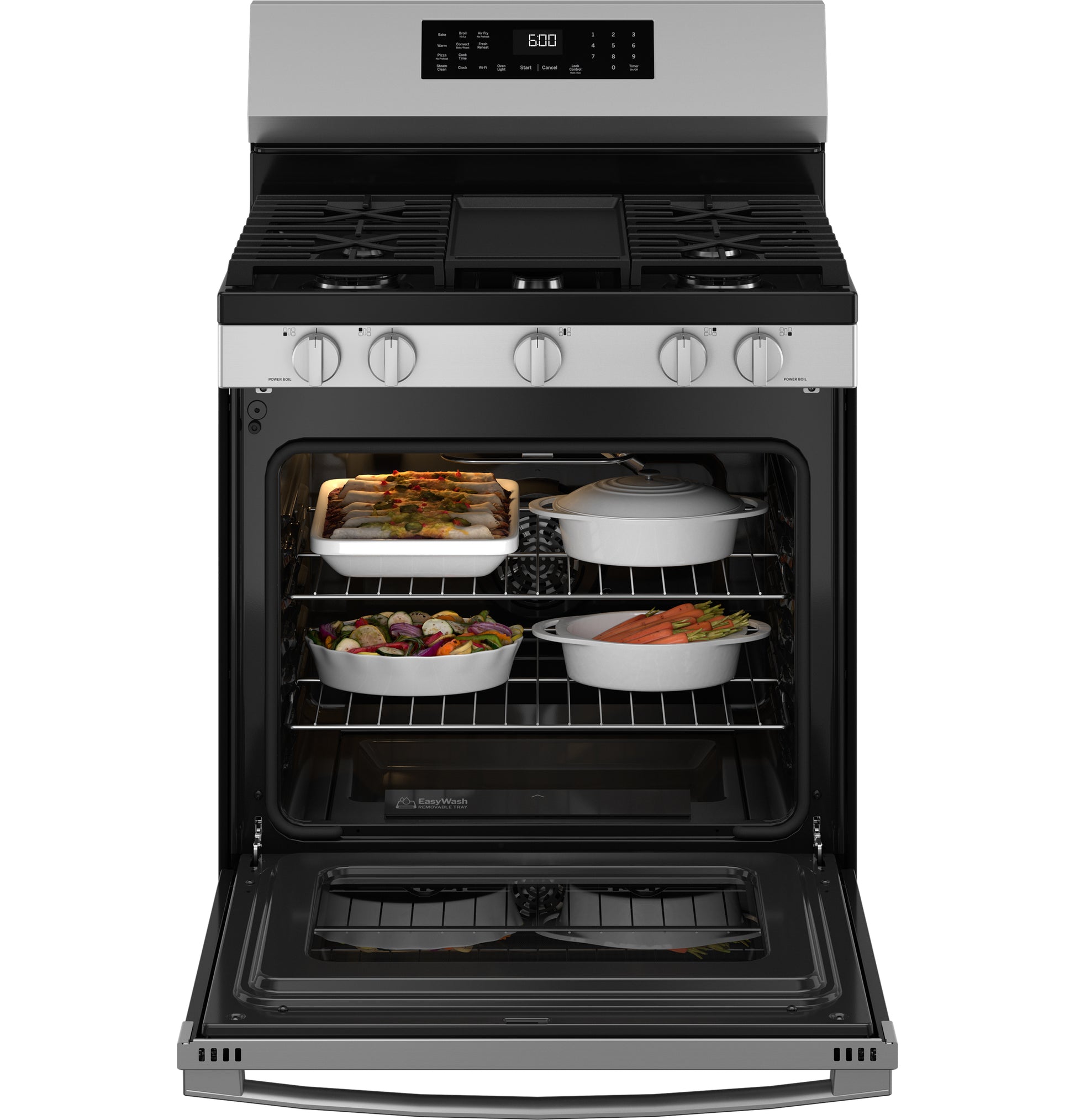 Stainless steel free-standing gas range with convection oven, multiple dishes inside, and digital control in kitchen appliances collection