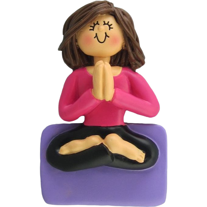 Brunette female figurine in pink and black seated in yoga pose on purple cushion from Christmas Ornaments collection