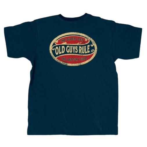 Navy blue men's shirt with vintage style "Old Guys Rule" logo for casual clothing and men's fashion collections