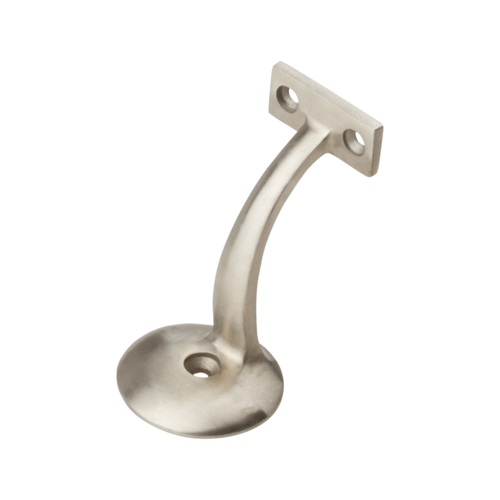 Stainless steel handrail bracket with mounting holes, designed for wall attachment in shelving and storage organization.
