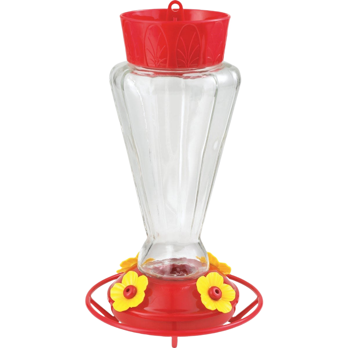 Clear glass hummingbird feeder with red base and yellow flower feeding ports for outdoor birdwatching