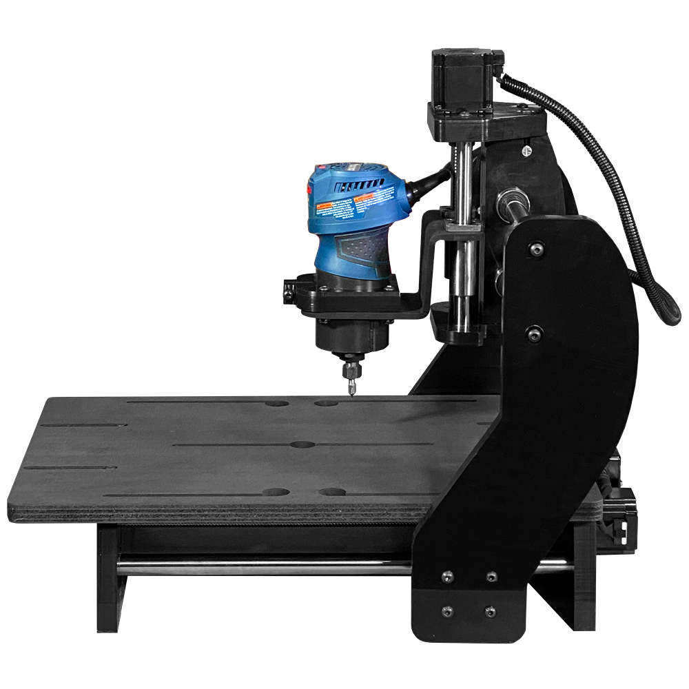 Compact CNC router with black frame and blue spindle, designed for precise cutting in tools and home improvement projects