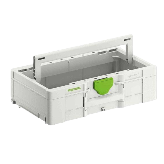 Compact Festool tool storage box with green latch and carry handle for jobsite and workshop organization