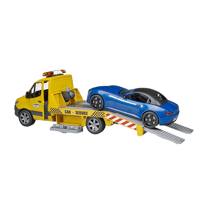 Yellow toy car service truck with flatbed carrying a blue roadster for creative vehicle play scenarios