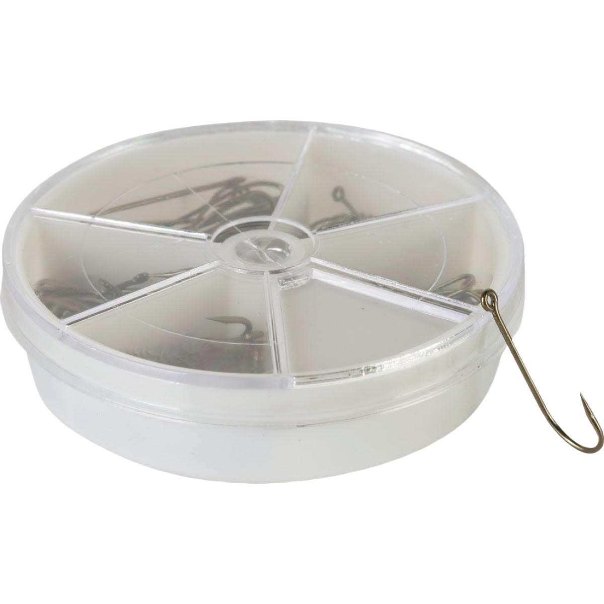 Round plastic container with assorted metal fishing hooks in multiple sizes for outdoor games and under $50 collection