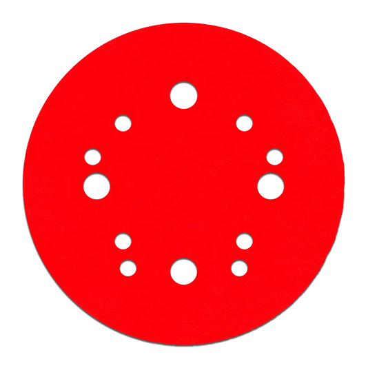 Red circular sanding disc with multiple dust collection holes for power tool accessories in home improvement.