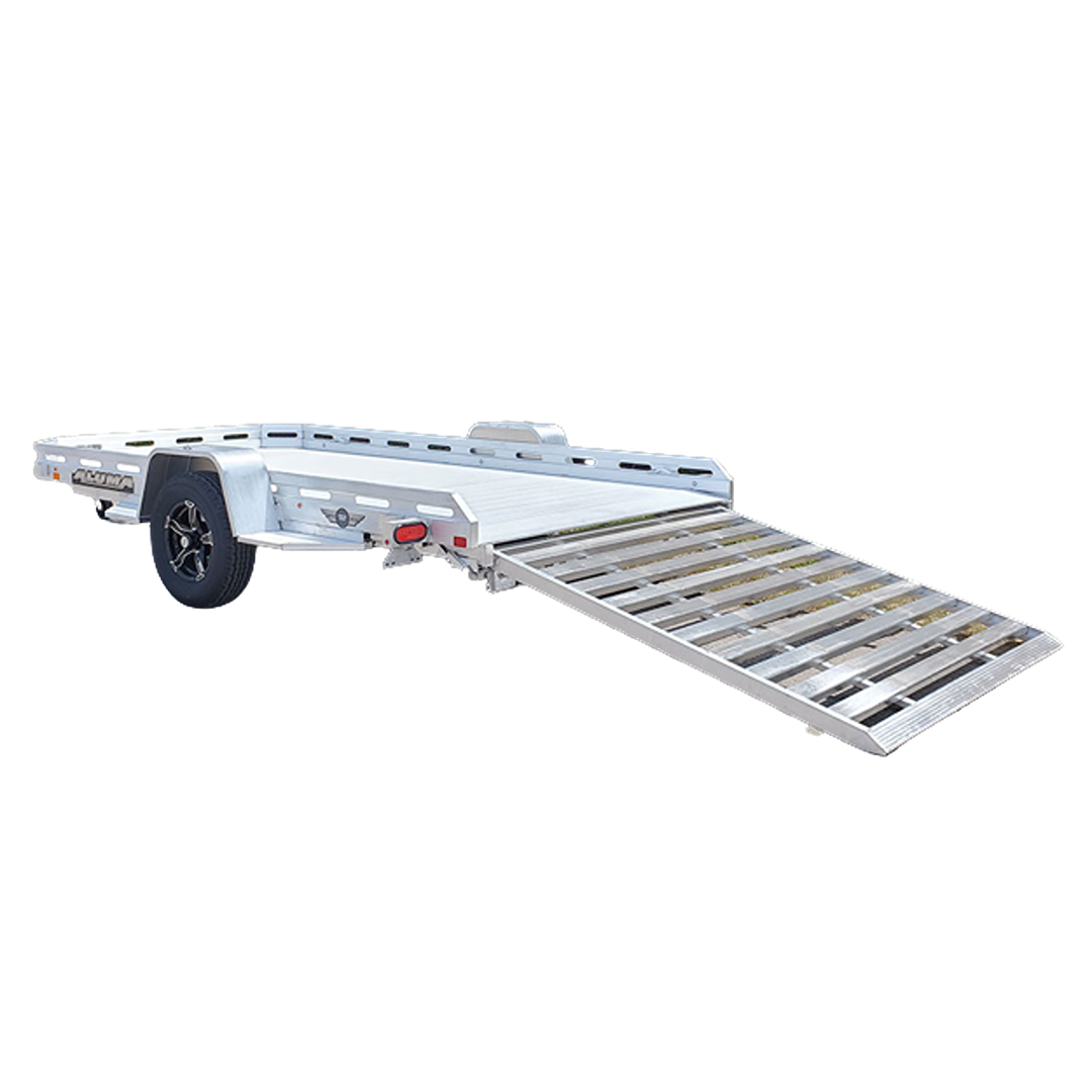 Aluminum flatbed trailer with ramp and black wheels designed for hauling equipment in tools and home improvement tasks