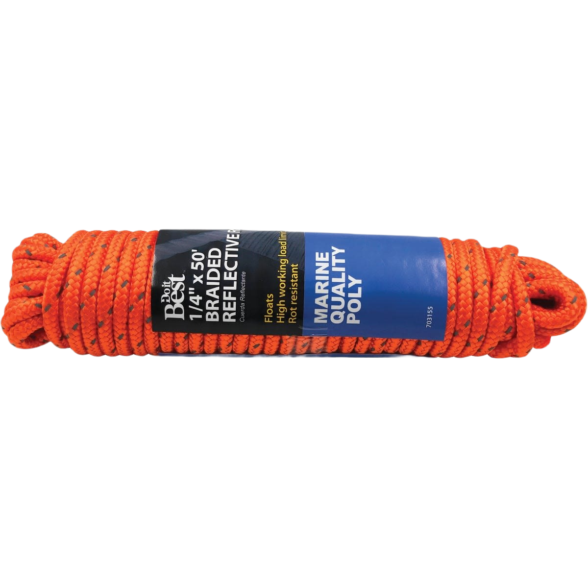 Orange braided polypropylene rope with reflective strands, 1/4 inch by 50 feet for marine and home improvement use