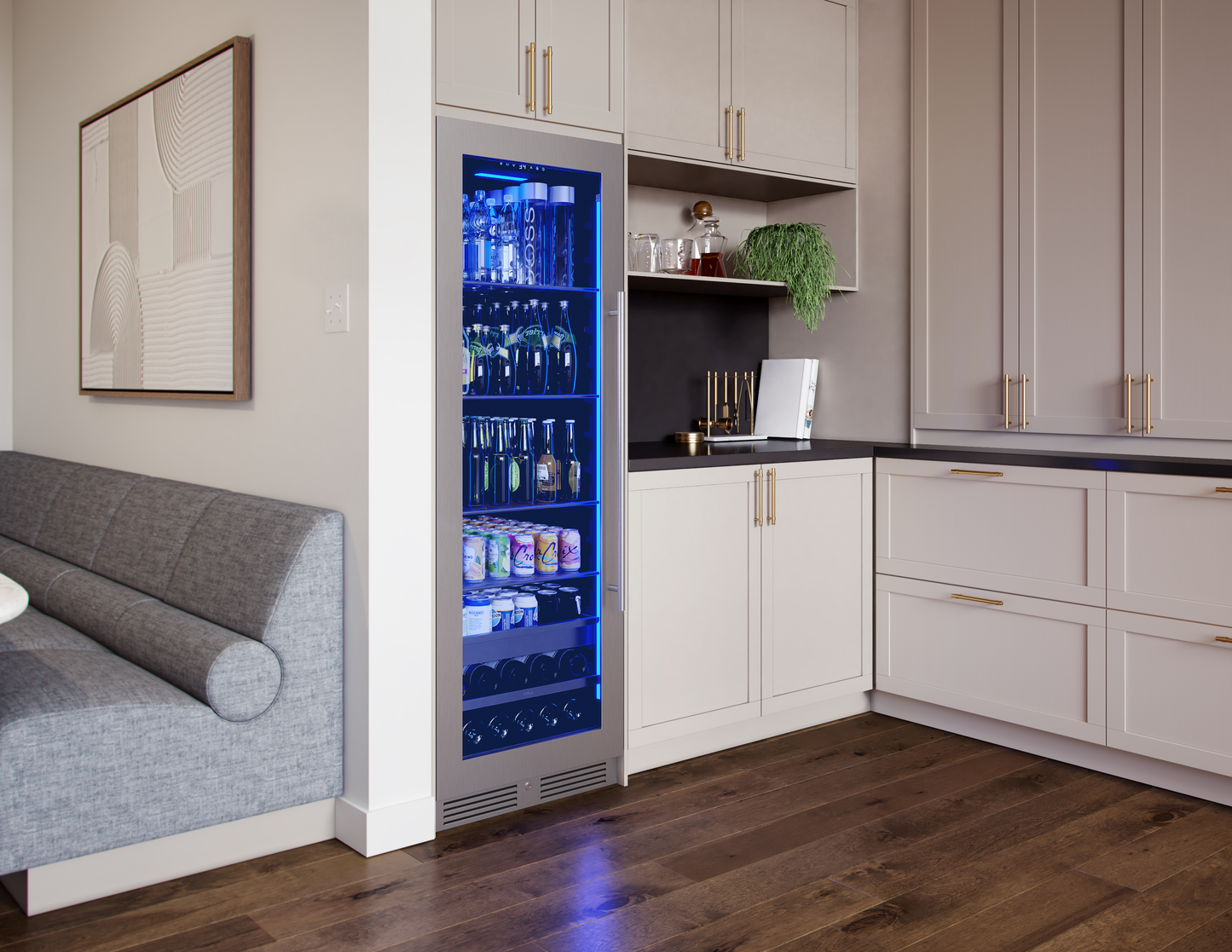 Built-in stainless steel beverage cooler with blue interior lighting and glass door in modern kitchen appliances collection