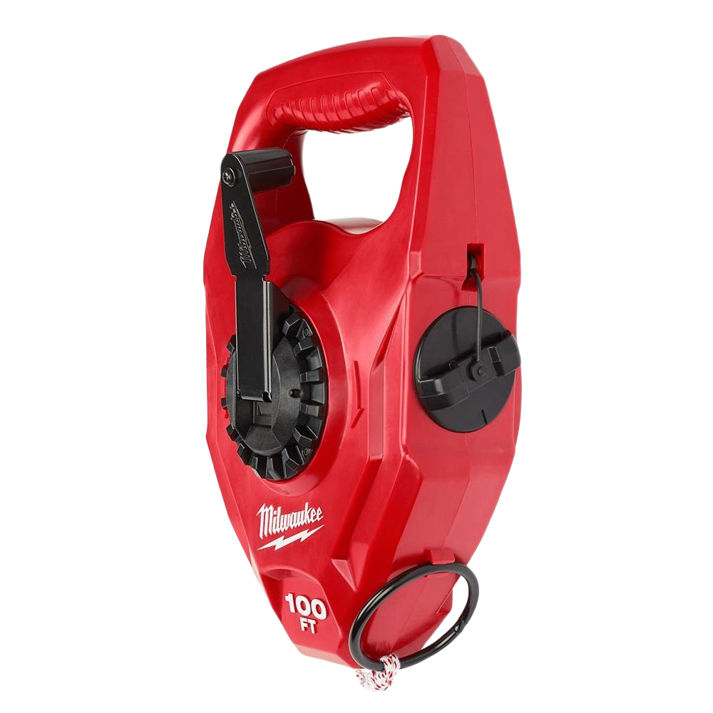 Red 100-foot Milwaukee chalk reel with large capacity, planetary gear system, and metal handle for woodworking tools under $100 collections