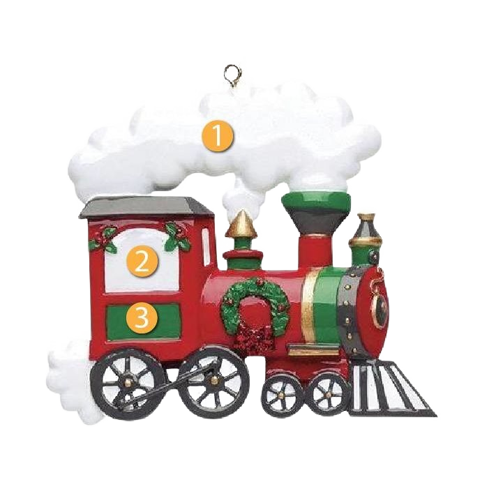 Festive red and green train ornament with holiday wreath and smoke detail from Christmas Ornaments & Tree Decorations collection under $50