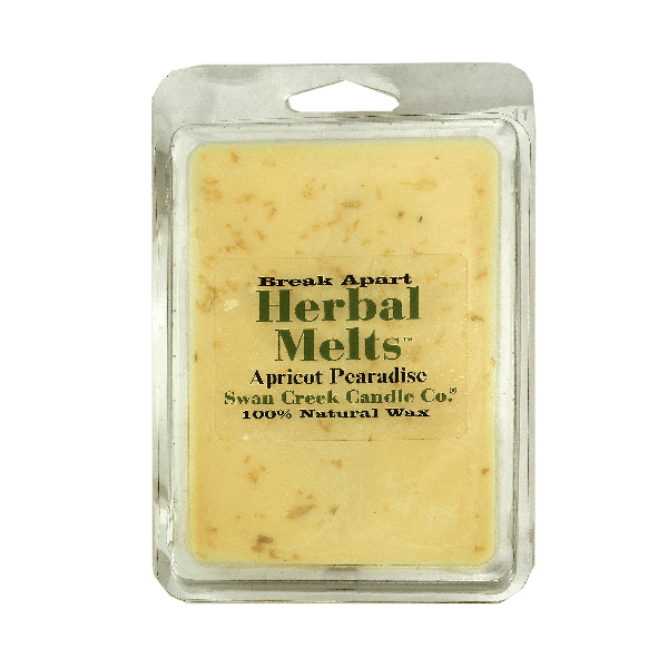 Clear plastic clamshell pack containing yellow natural wax herbal melts with apricot pear scent for home fragrance.