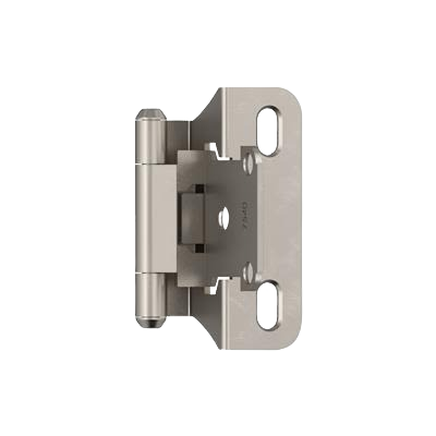 Satin nickel partial wrap cabinet hinge with self-closing feature, suitable for furniture hardware and home improvement projects