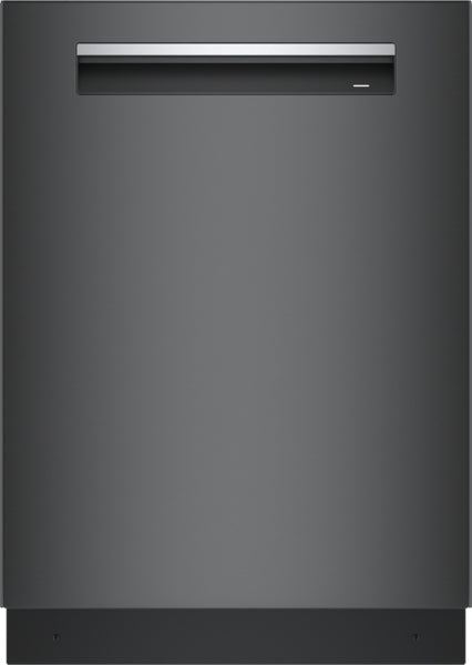 Front view of a brushed black steel dishwasher with anti-fingerprint finish from dishwashers and appliances collection