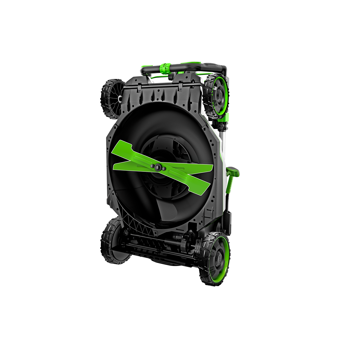 Underside view of a cordless self-propelled mower showing green cutting blades and wheel assembly for lawn equipment