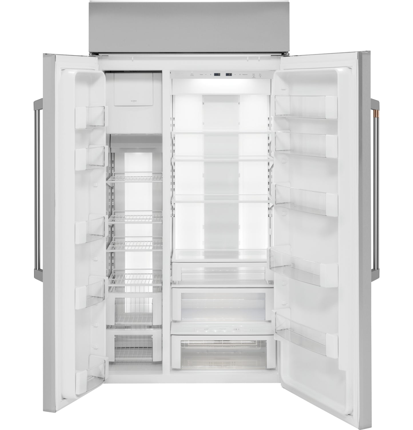 Open stainless steel built-in side-by-side refrigerator with adjustable shelves in kitchen appliances collection