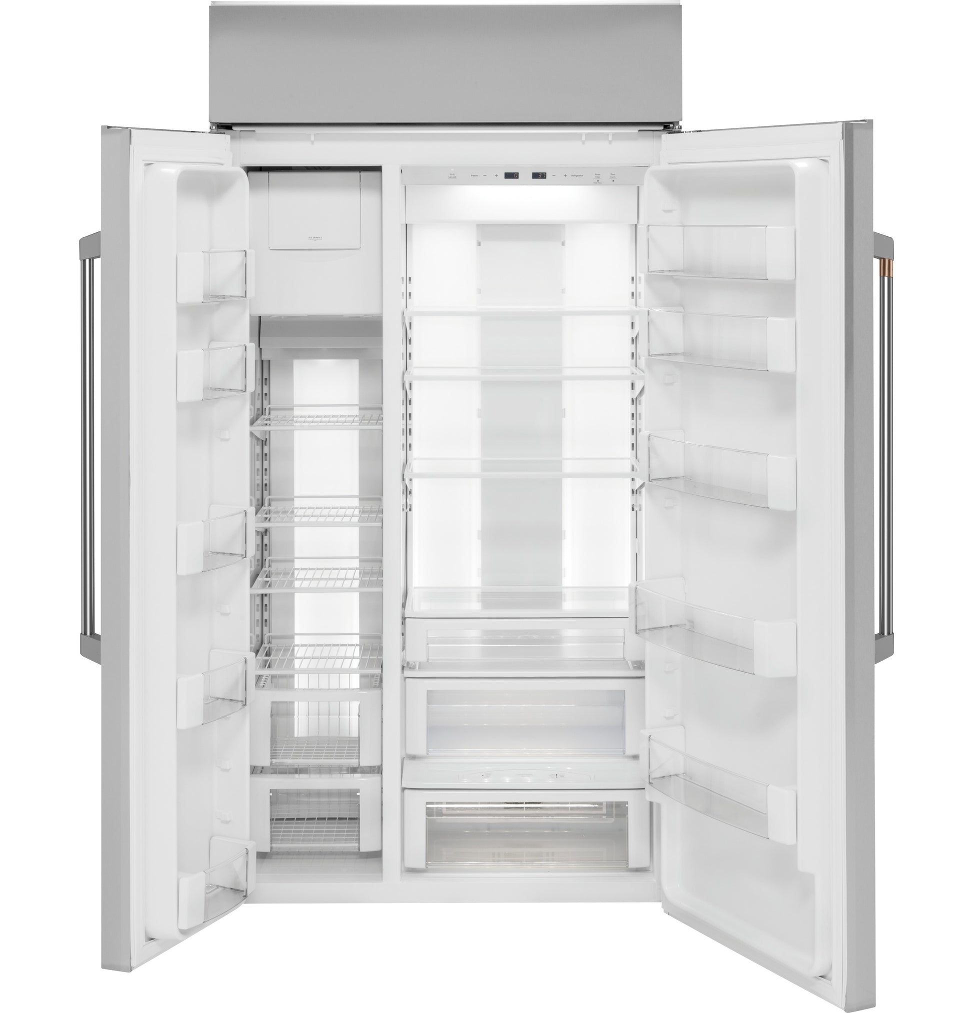 Open stainless steel built-in side-by-side refrigerator with adjustable shelves in kitchen appliances collection