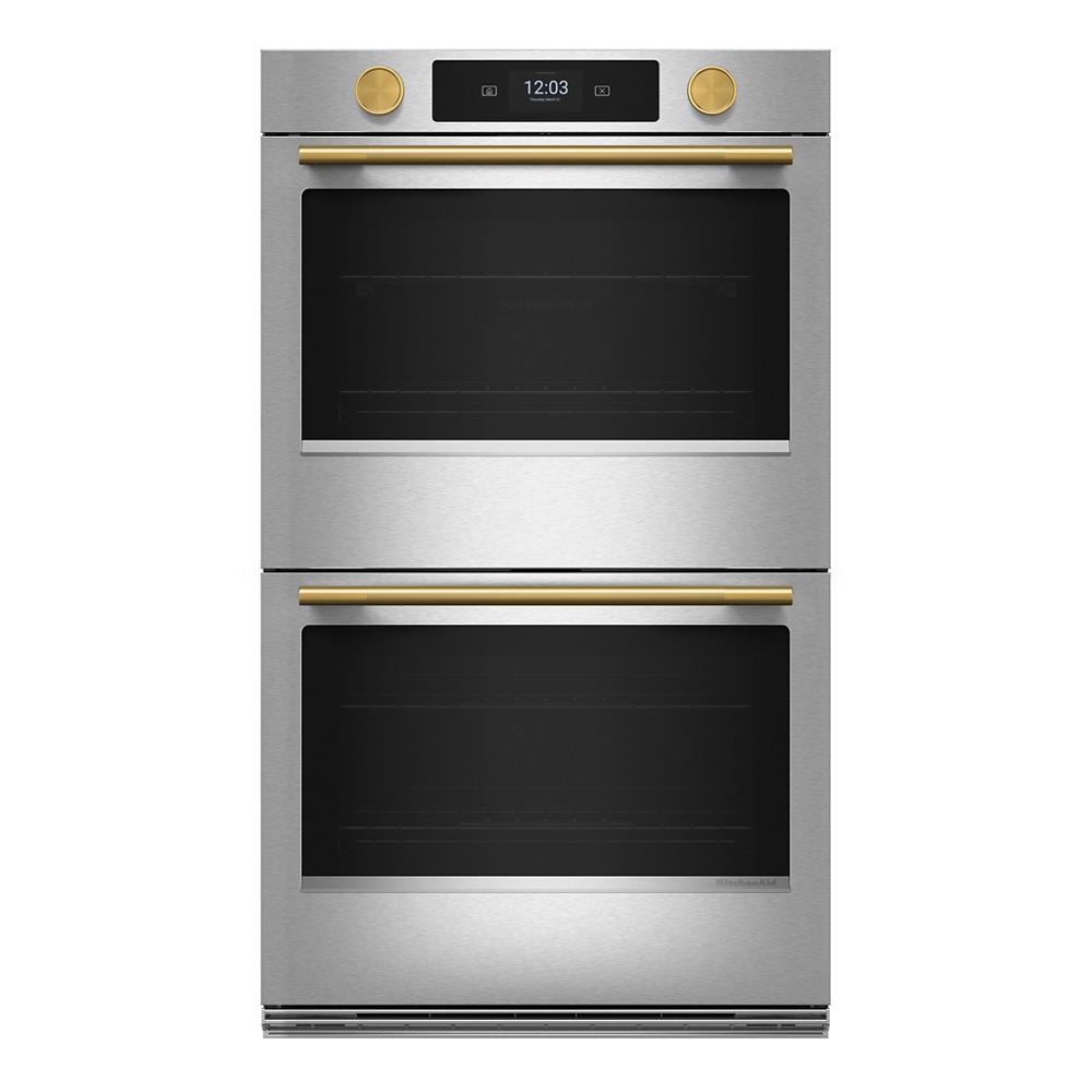 30-inch stainless steel smart electric double wall oven with gold accents and LED touchscreen in KitchenAid appliances collection