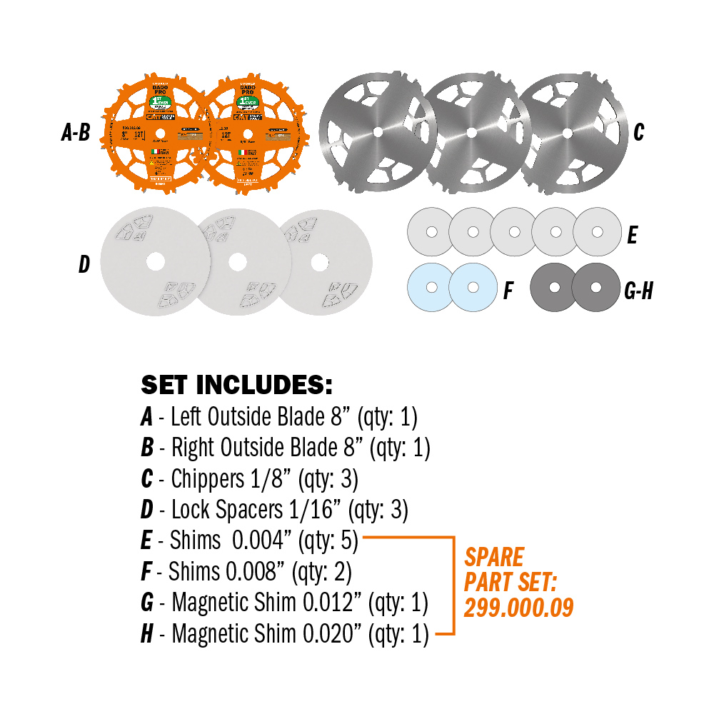 Set of precision woodworking blades, chippers, lock spacers, and shims for power tool accessories collection.