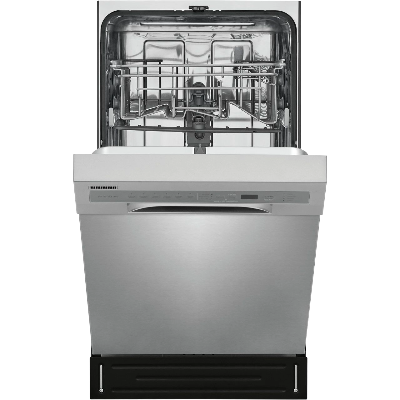 Stainless steel 18-inch built-in dishwasher with open door revealing adjustable interior racks from kitchen appliances collection