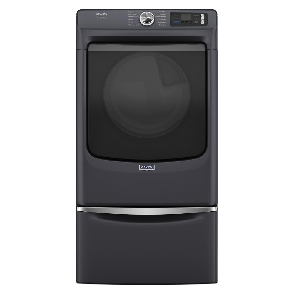 Dark gray front load Maytag dryer with digital controls and a matching pedestal drawer from Appliance Parts & Accessories collection