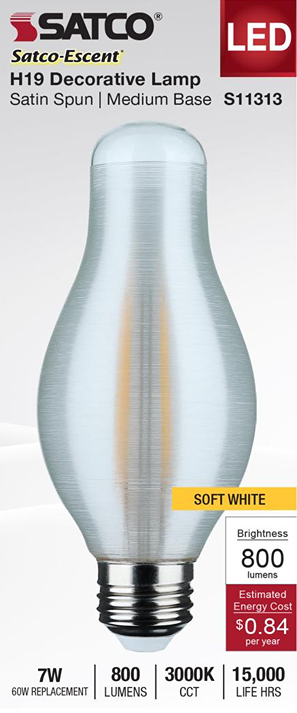 Satin spun decorative LED bulb with medium base emitting soft white light for tools and home improvement projects